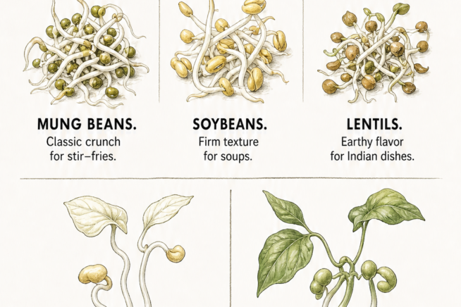 Four-step illustration showing how to sprout beans in a mason jar over seven days.