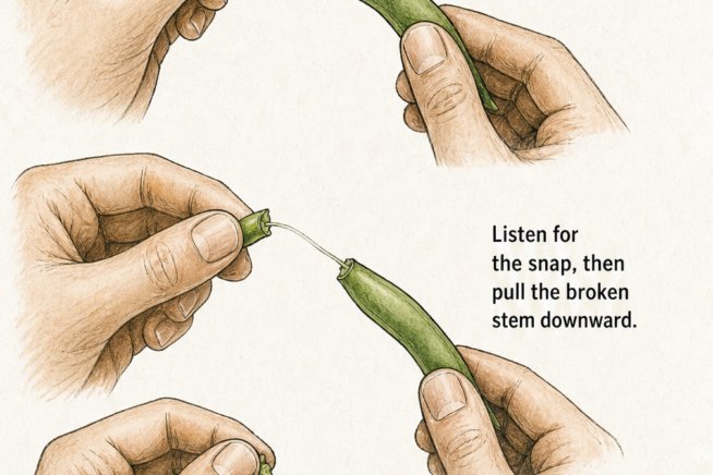 Vintage botanical illustration showing how to snap the stem end and pull the fibrous string down a green bean pod