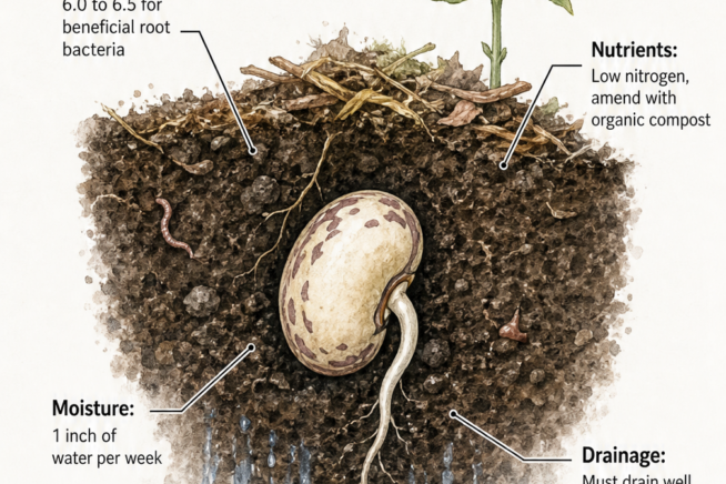 Illustration of a bean seed in soil highlighting ideal conditions including pH, nutrients, moisture, and drainage.