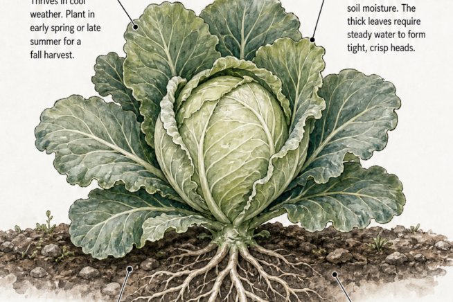 Cross-section illustration of a mature cabbage plant in a garden bed showing roots, soil structure, and ideal growing conditions.