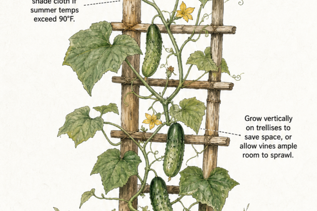 Botanical illustration of a cucumber plant growing on a wooden trellis showing root system and soil requirements