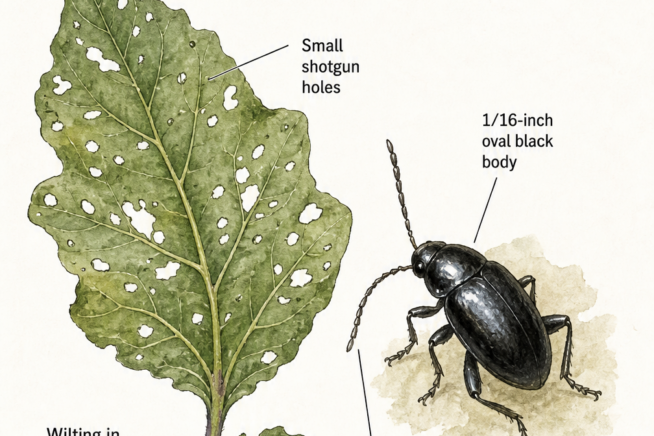 Botanical illustration of an eggplant leaf with small shotgun holes and a magnified black flea beetle.