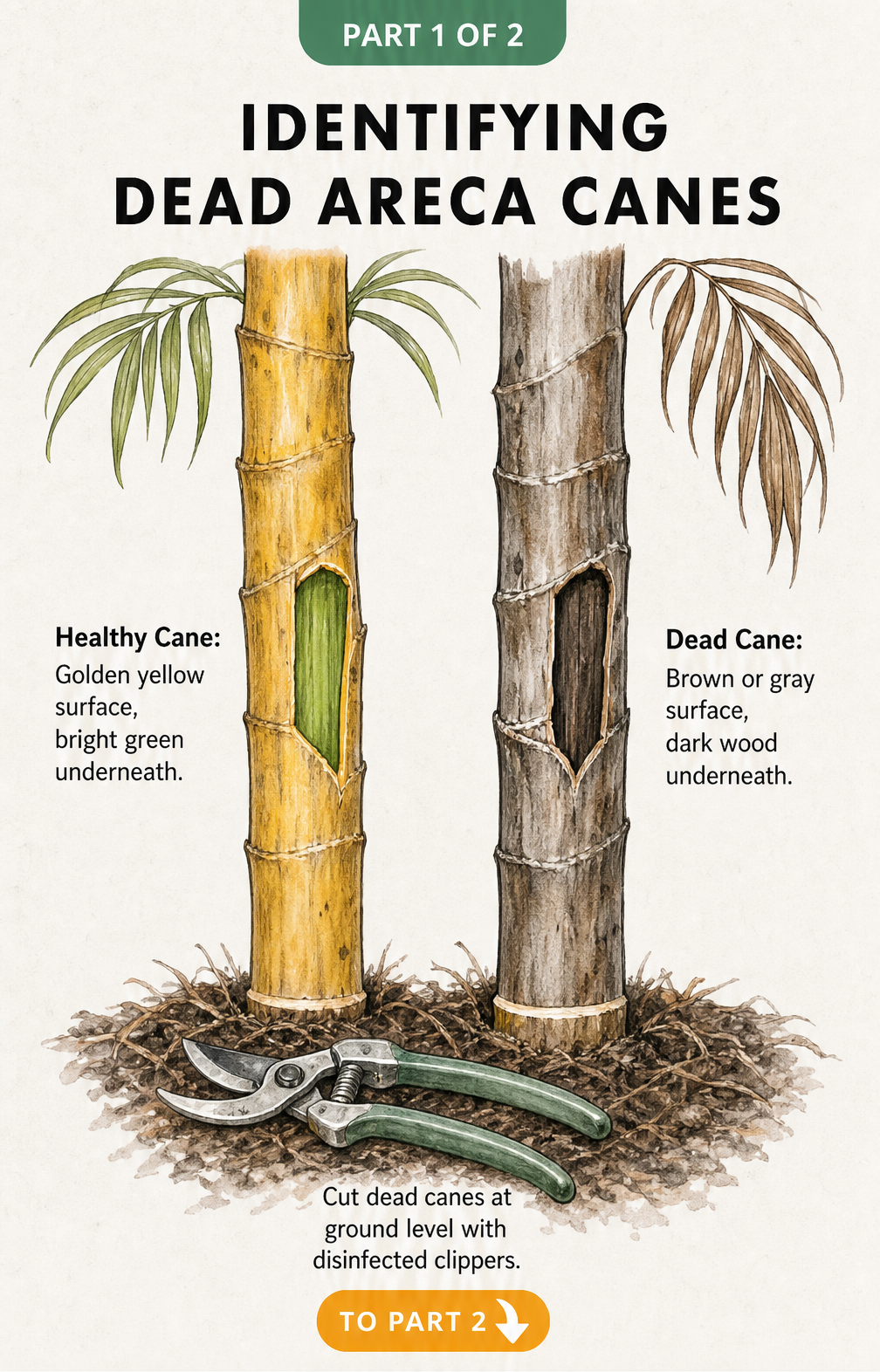 Illustration comparing a healthy golden yellow areca palm cane with a dead brown cane, showing how to cut dead canes at ground level.