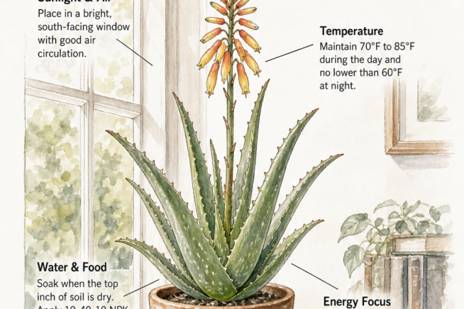 Illustration of a potted aloe vera plant on a sunny windowsill with care instructions for encouraging blooms.