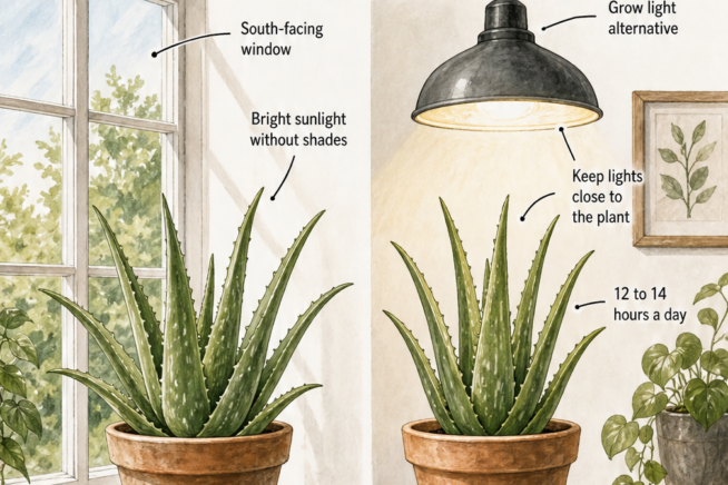 Illustration comparing indoor aloe vera placement: a bright south-facing window versus using a grow light for 12 to 14 hours a day.