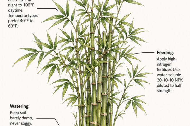 Botanical illustration showing climate, watering, feeding, and pot size requirements for growing indoor bamboo plants