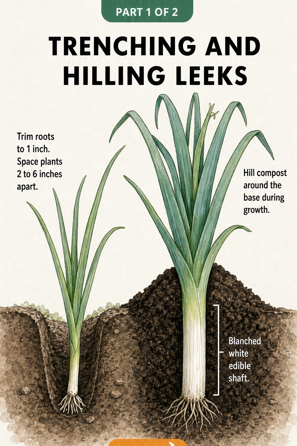 Illustration showing the three phases of starting leek seeds indoors, from sowing in trays to hardening off seedlings outdoors.
