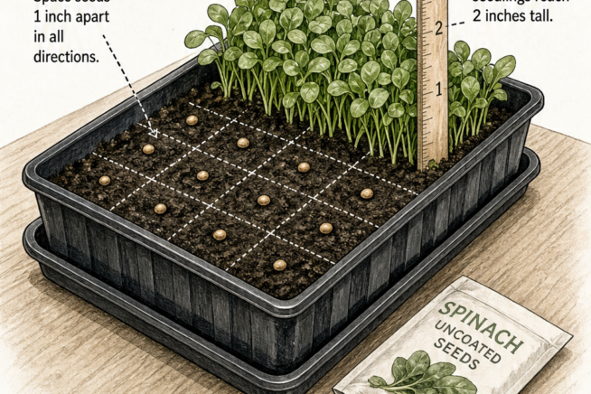 Isometric illustration of an indoor seedling flat growing spinach sprouts with a ruler showing harvest height.