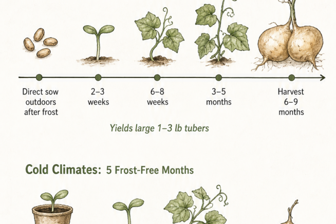 A timeline comparing the jicama growing season in warm and cold climates, showing when to sow seeds and expected tuber yields.