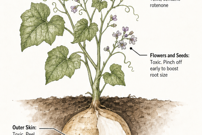 Botanical illustration of a jicama plant highlighting the toxic vines, leaves, flowers, and skin, compared to the safe, edible inner tuber.