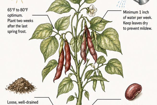 Botanical illustration of a kidney bean bush showing optimal growing conditions including soil, water, temperature, and seed germination.
