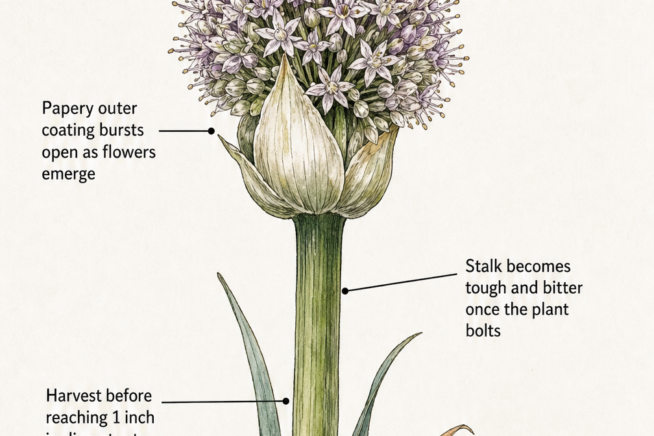 Botanical illustration showing the anatomy of a leek flower, including the spherical pom-pom head, papery outer coating, and stalk.