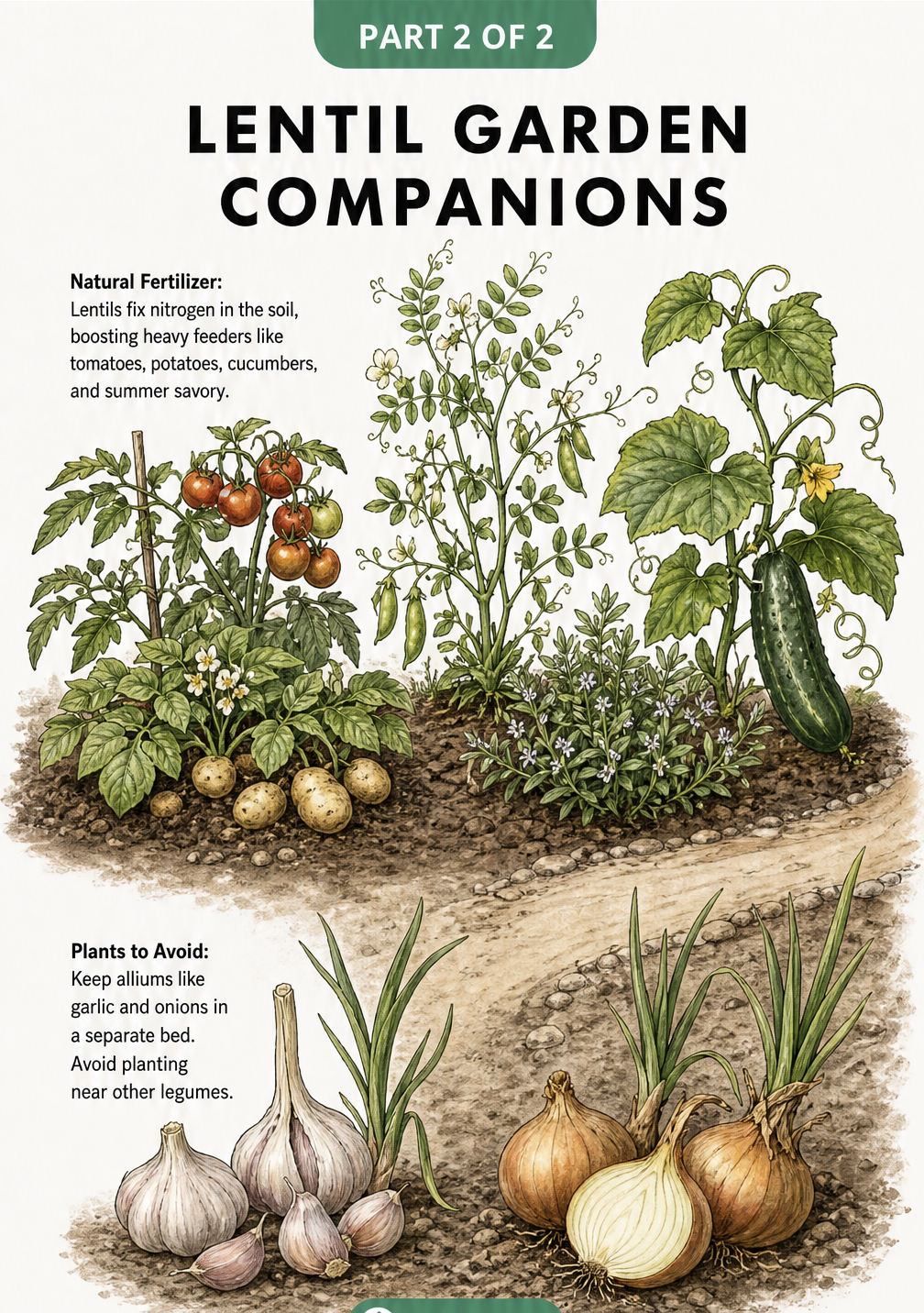Botanical illustration showing lentils growing well with tomatoes, potatoes, and cucumbers, but kept separate from garlic and onions.