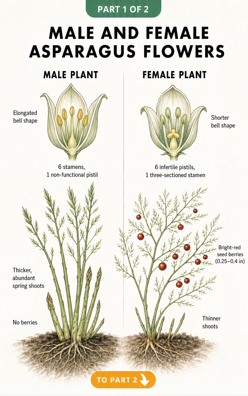 Botanical illustration comparing male and female asparagus plants, showing flower cross-sections, shoot thickness, and the presence of red berries on the...