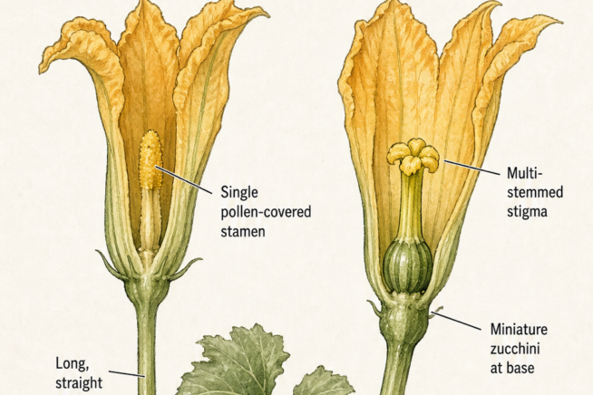 Botanical illustration comparing male and female zucchini blossoms, showing the miniature zucchini at the base of the female flower.