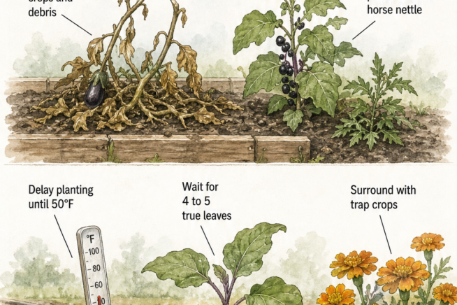 Hand-drawn garden illustration showing end-of-season crop clearing and spring seedling protection against flea beetles.