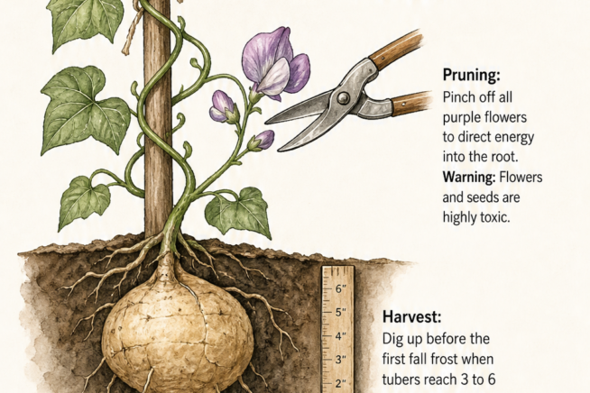 Botanical illustration of a jicama plant showing how to stake the vines, prune toxic purple flowers, harvest the tubers, and store them in a root cellar.