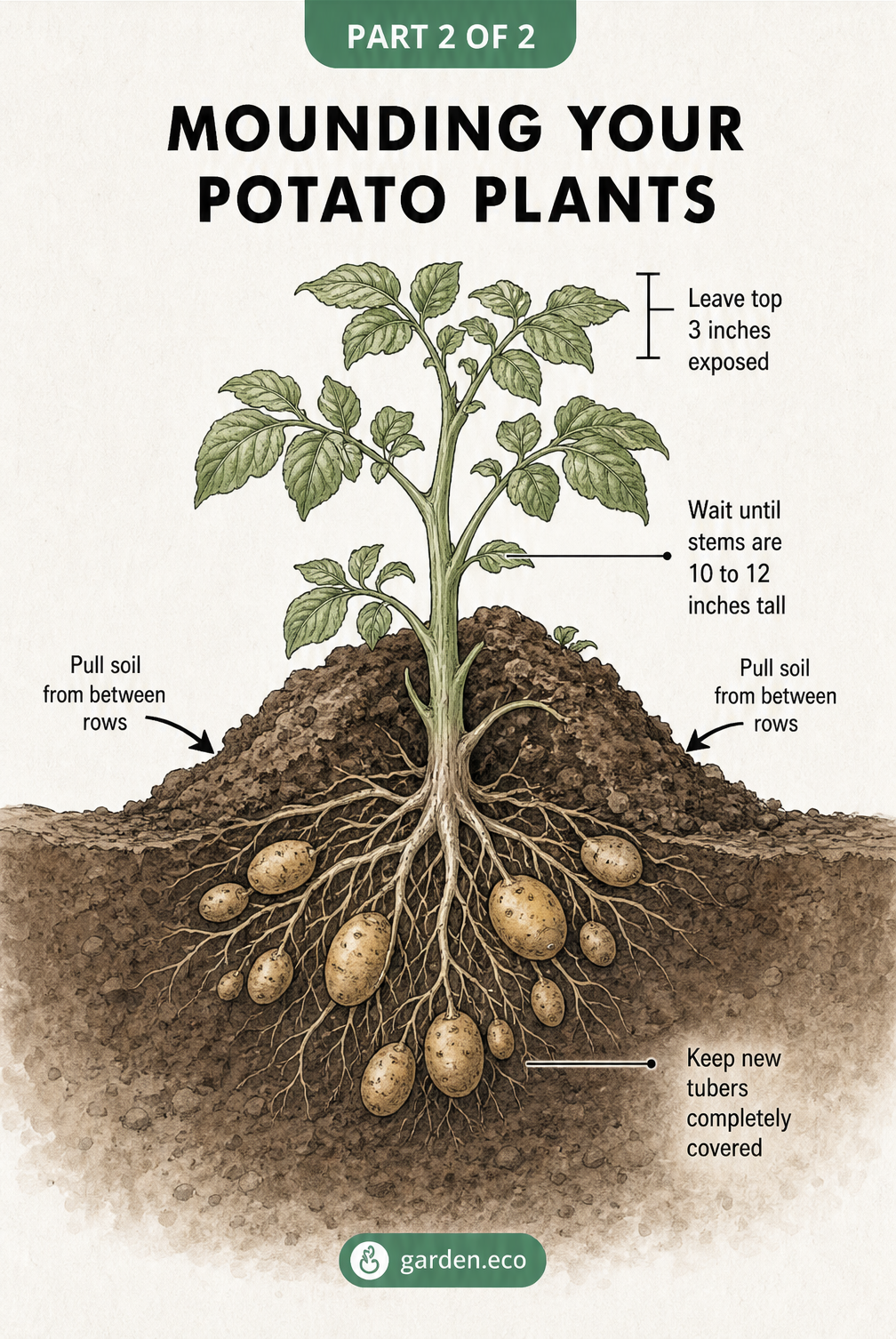 Cross-section illustration of a growing potato plant showing how to mound soil around the stems while keeping new tubers covered.