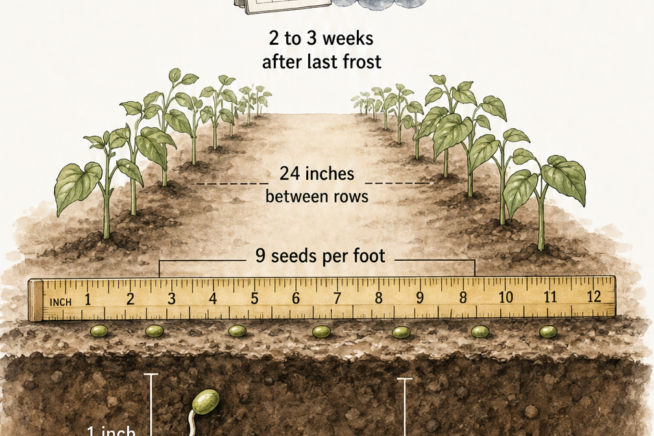 Illustration showing mung bean planting depth, spacing, and soil requirements