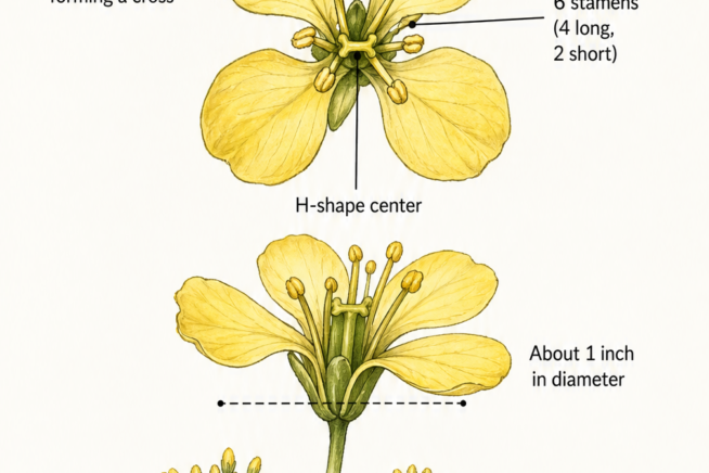 Botanical illustration showing the anatomy of a mustard flower with four yellow petals, six stamens, and an H-shaped center