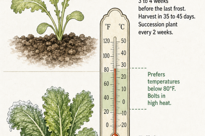 Illustration showing the ideal growing seasons for mustard greens in spring and fall, with a thermometer indicating temperatures below 80 degrees Fahrenheit.
