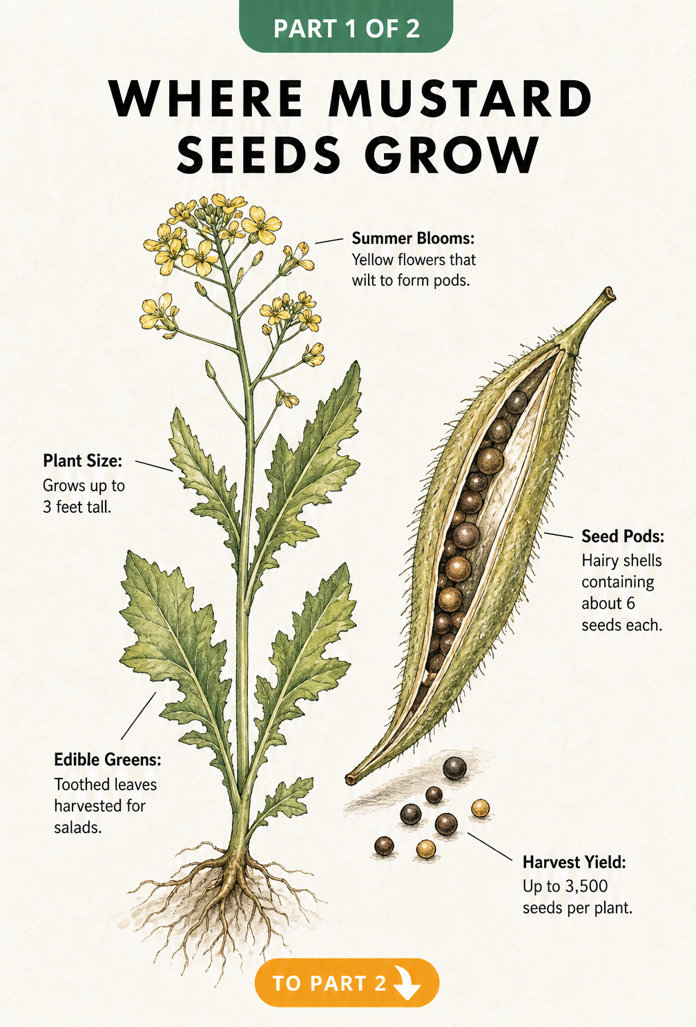 Botanical illustration of a mustard plant showing toothed leaves, yellow flowers, and a close-up of a hairy seed pod bursting with mustard seeds.