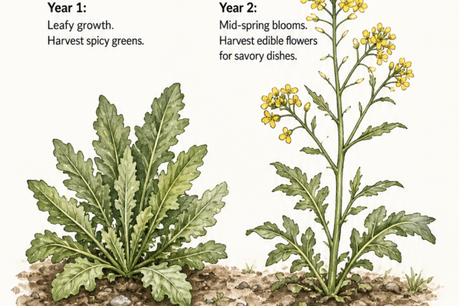 Illustration of the two-year mustard plant growth cycle showing leafy greens in year one and yellow flowers in year two