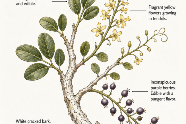 Detailed botanical drawing of a mustard tree branch showing white cracked bark, oval leaves, yellow flowers, and purple berries.