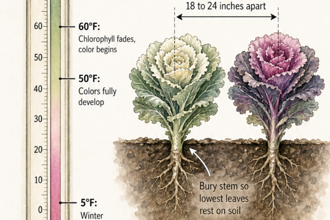 Diagram showing ornamental cabbage color development at 60 and 50 degrees Fahrenheit, winter survival limit at 5 degrees, and planting depth and spacing...