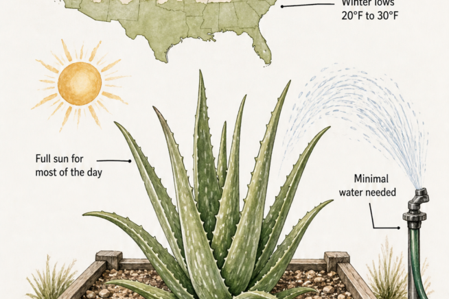 Illustration showing outdoor aloe vera growing conditions including USDA zones 9 and above, full sun, fast-draining soil, and minimal water.