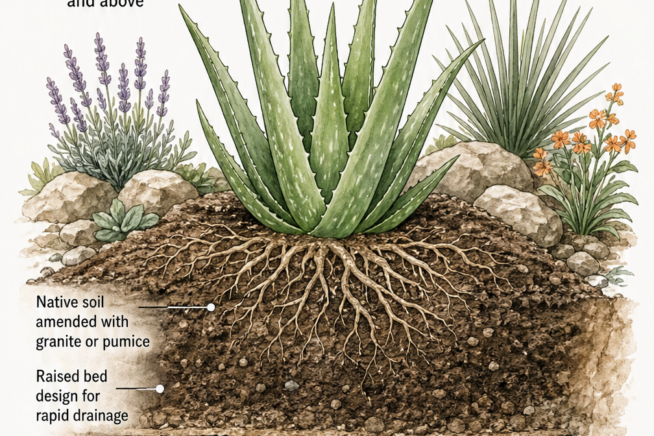 Botanical cross-section illustration of an outdoor aloe vera plant growing in a raised bed with a gravel base.