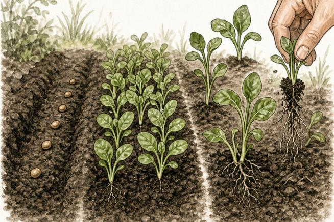 Botanical illustration showing how to sow, thin, and harvest outdoor spinach sprouts in a garden bed.