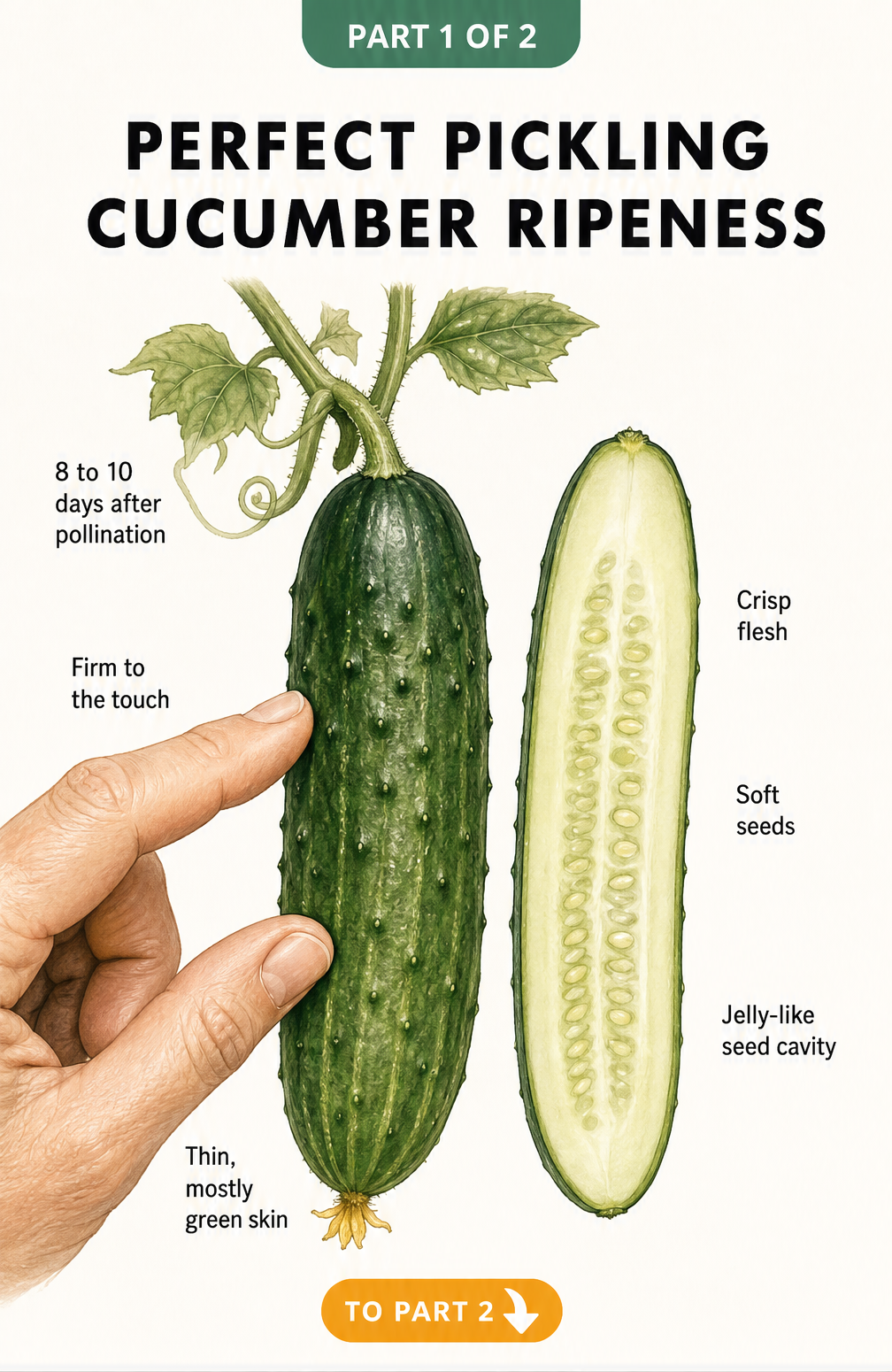 Botanical illustration of a whole and halved pickling cucumber showing signs of perfect ripeness