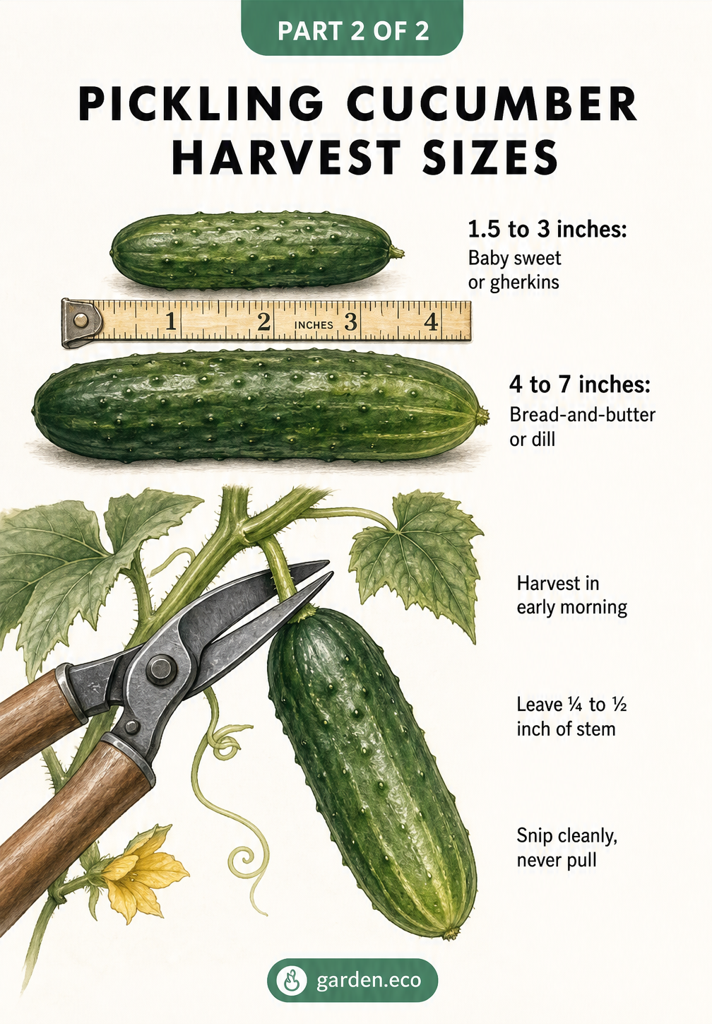 Illustration of pickling cucumbers next to a measuring tape and garden shears snipping a stem