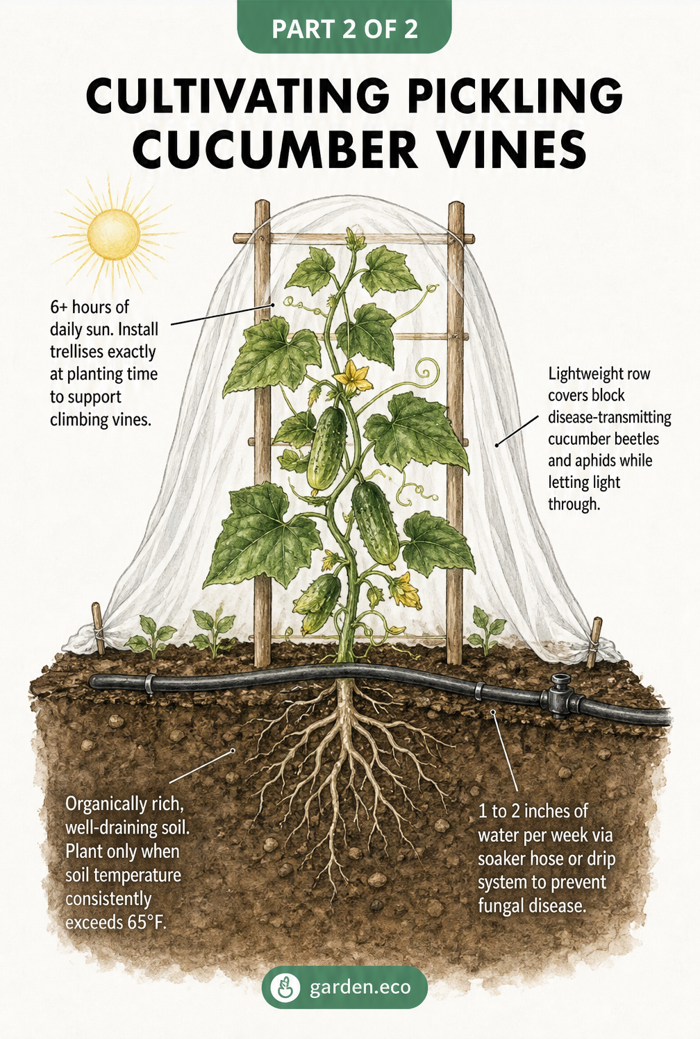 Cross-section illustration of a garden bed showing a cucumber vine on a trellis, row covers, drip irrigation, and healthy soil.