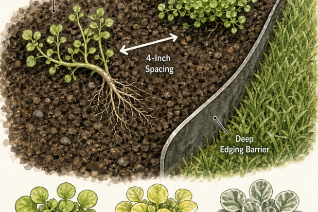 Botanical illustration showing how to plant baby tears stem cuttings with 4-inch spacing and a deep edging barrier, plus three color varieties.
