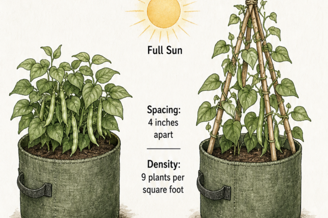Illustration comparing bush beans and pole beans planted in grow bags, showing spacing and support requirements.