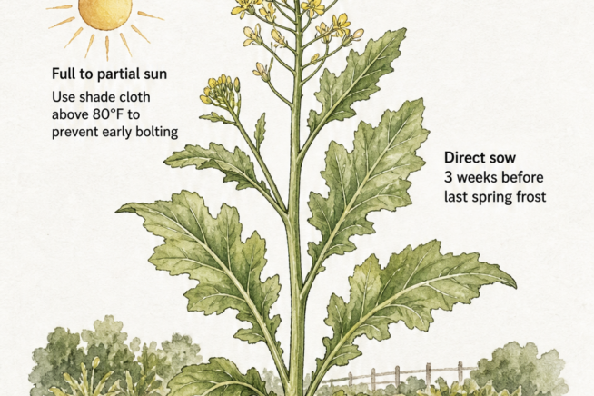 Botanical illustration showing how to plant mustard seeds with tips on sun exposure, soil amendment, and spacing