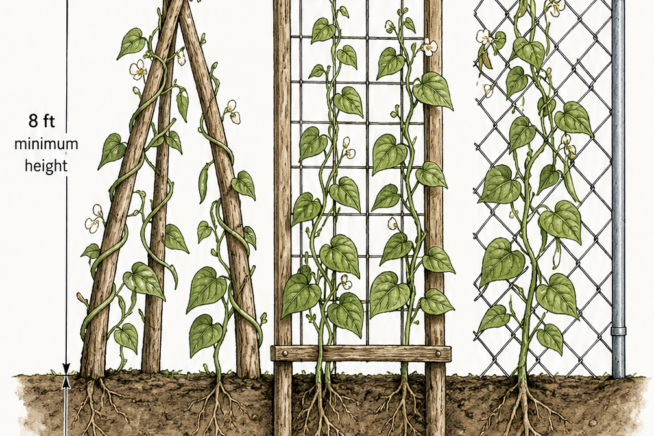 Botanical illustration comparing pole beans, half runners, and bush beans growth habits