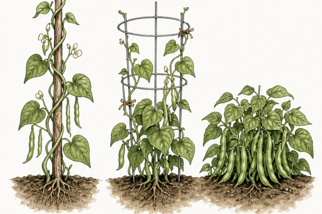 Cross-section illustration of a classic teepee, vertical trellis, and chain link fence for pole beans