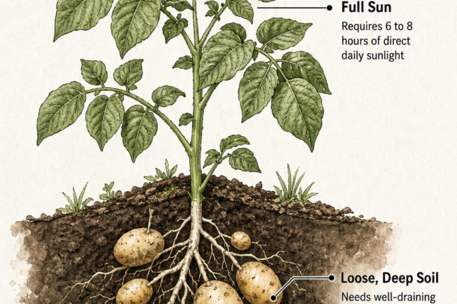 Botanical illustration showing a potato plant above and below ground, highlighting full sun, loose deep soil, and consistent moisture requirements.