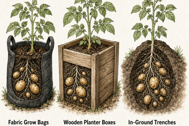 Cross-section illustration of three potato planting methods: fabric grow bags, wooden planter boxes, and traditional in-ground trenches.