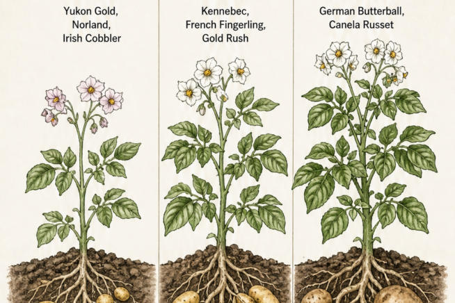 Botanical illustration showing early, mid, and late season potato varieties with their growth times and root systems.