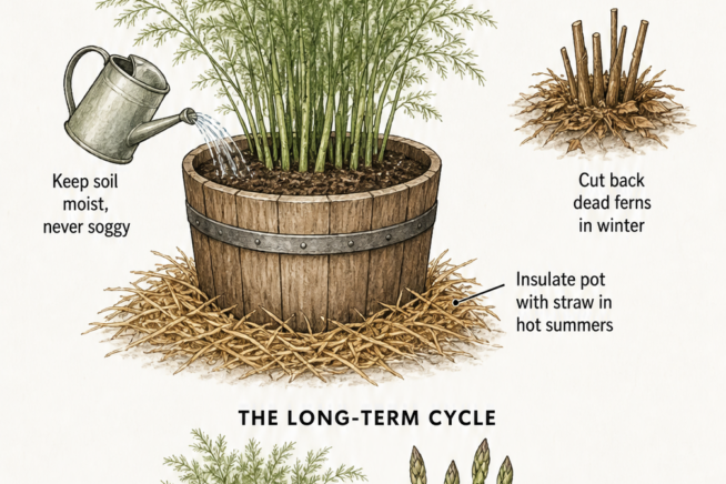 Illustration of a potted asparagus plant showing care requirements like sunlight and watering, along with a timeline for harvesting over five years.