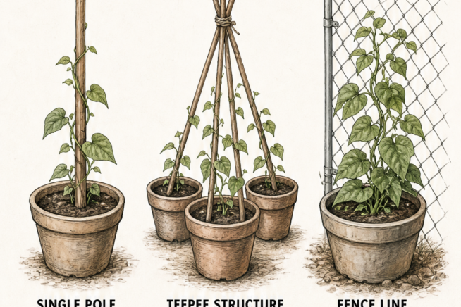 Three hand-drawn illustrations showing a single pole, a teepee structure, and a fence line for supporting potted pole beans