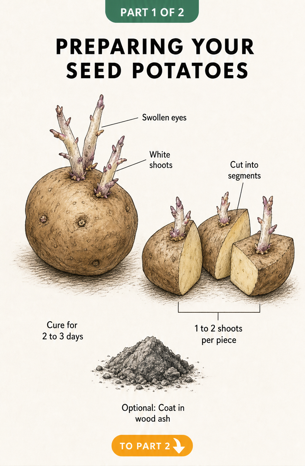 Botanical illustration showing how to prepare seed potatoes by cutting them into segments with white shoots and swollen eyes.