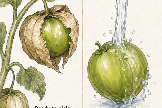 Illustration showing a ripe tomatillo splitting its papery husk and being washed under warm water to remove sticky residue.