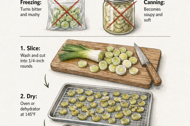 Illustration showing the best way to preserve leeks by drying them in an oven or dehydrator, and why freezing or canning doesn't work.