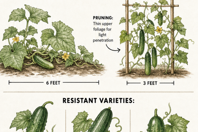 Illustration comparing sprawling and trellised cucumber vine spacing, alongside three mildew-resistant cucumber varieties.