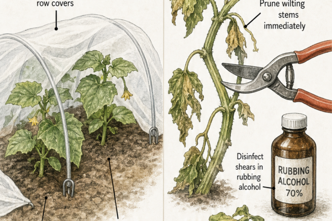 Illustration demonstrating how to use lightweight row covers for cucumber seedlings and how to prune and disinfect wilting stems.